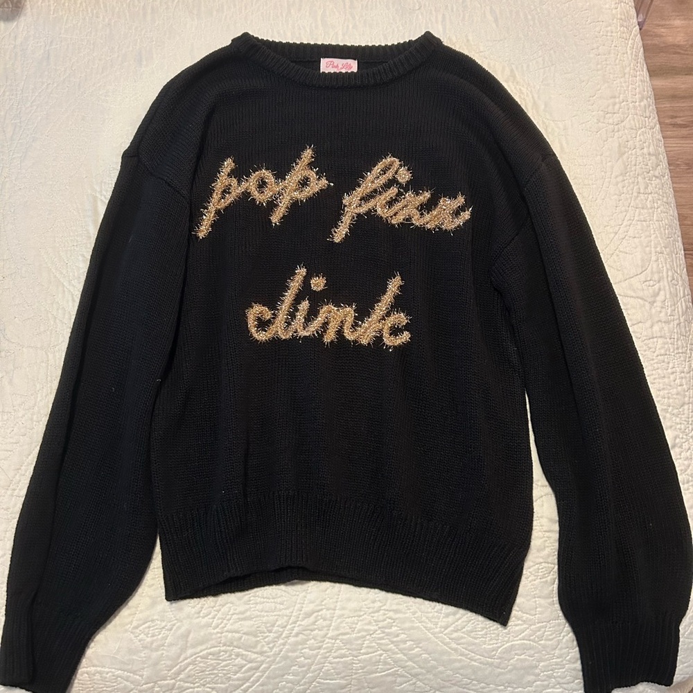 Pink Lily Black Sweater with Gold Text